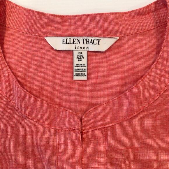 ELLEN TRACY LINEN Split Neck 3/4 Length Sleeve Coral Tunic size L - Picture 4 of 10